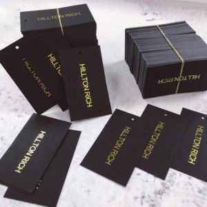 Luxury-custom-hot-stamping-gold-paper-hang-tags-apparel-hats-rectangle-black-hang-tags-mfg-lakek-packaging