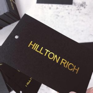 Luxury-custom-hot-stamping-gold-paper-hang-tags-apparel-legging-rectangle-black-hang-tags-mfg-lakek-packaging