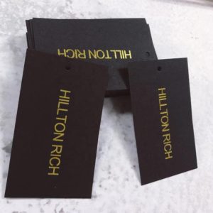 Luxury-custom-hot-stamping-gold-paper-hang-tags-apparel-socks-rectangle-black-hang-tags-mfg-lakek-packaging